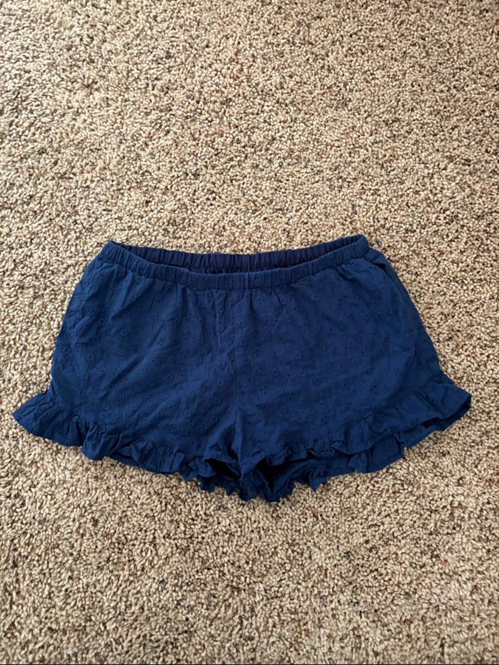 Navy Eyelet Ruffle Hem Women's Shorts